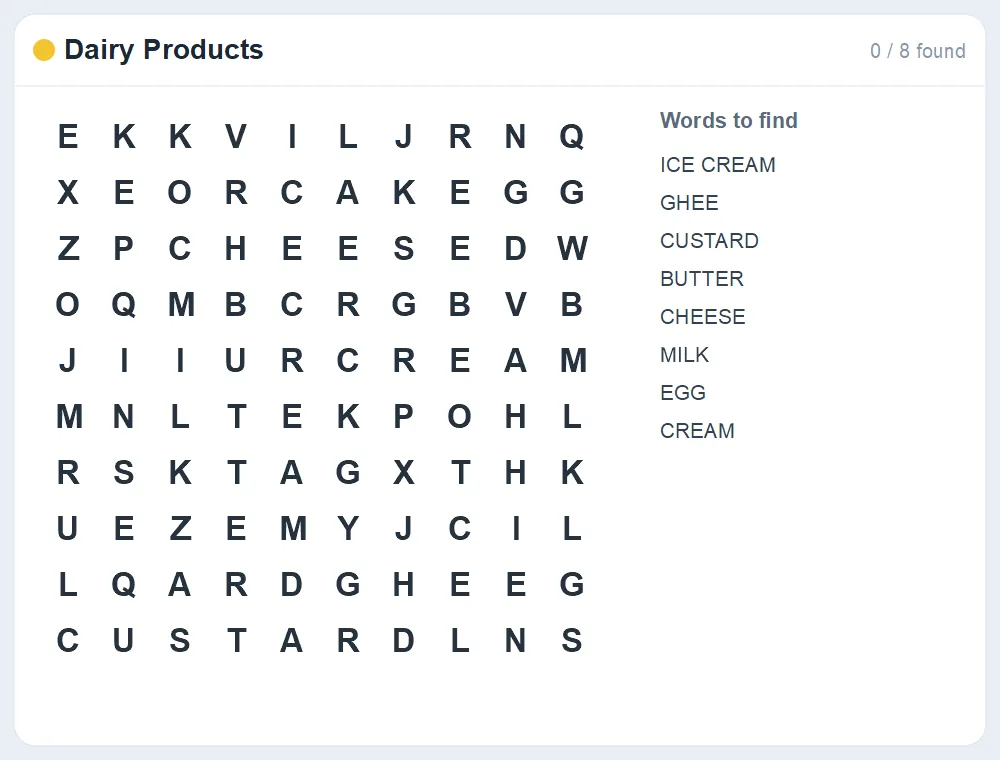Preview of the Dairy Products word search puzzle