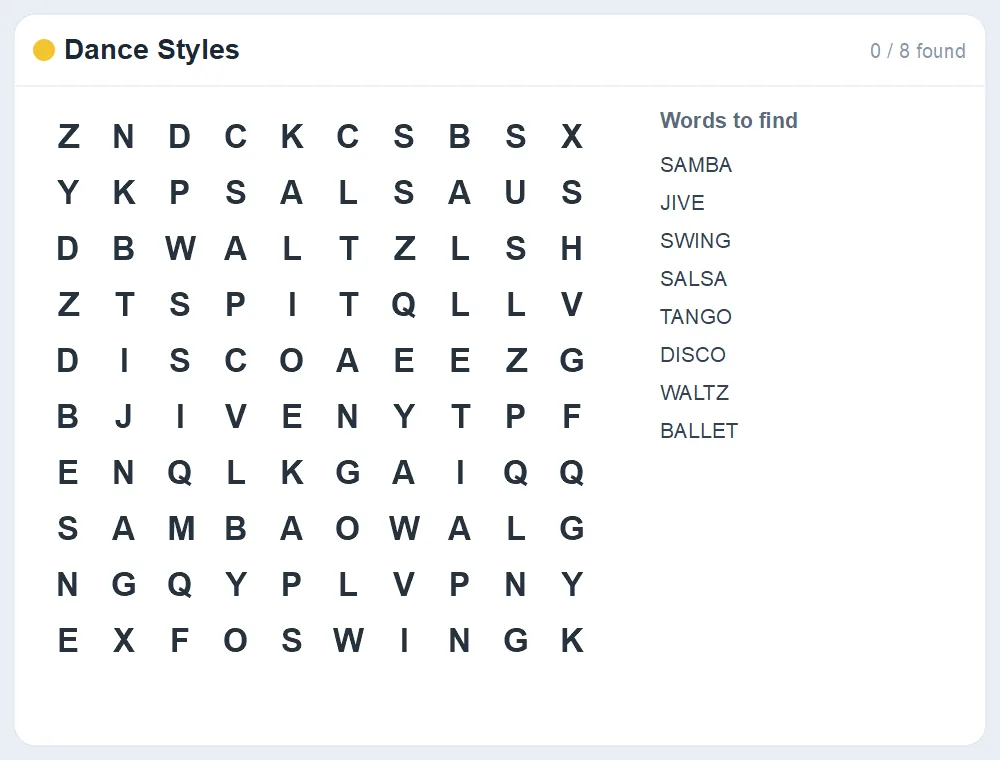 Preview of the Dance Styles word search puzzle