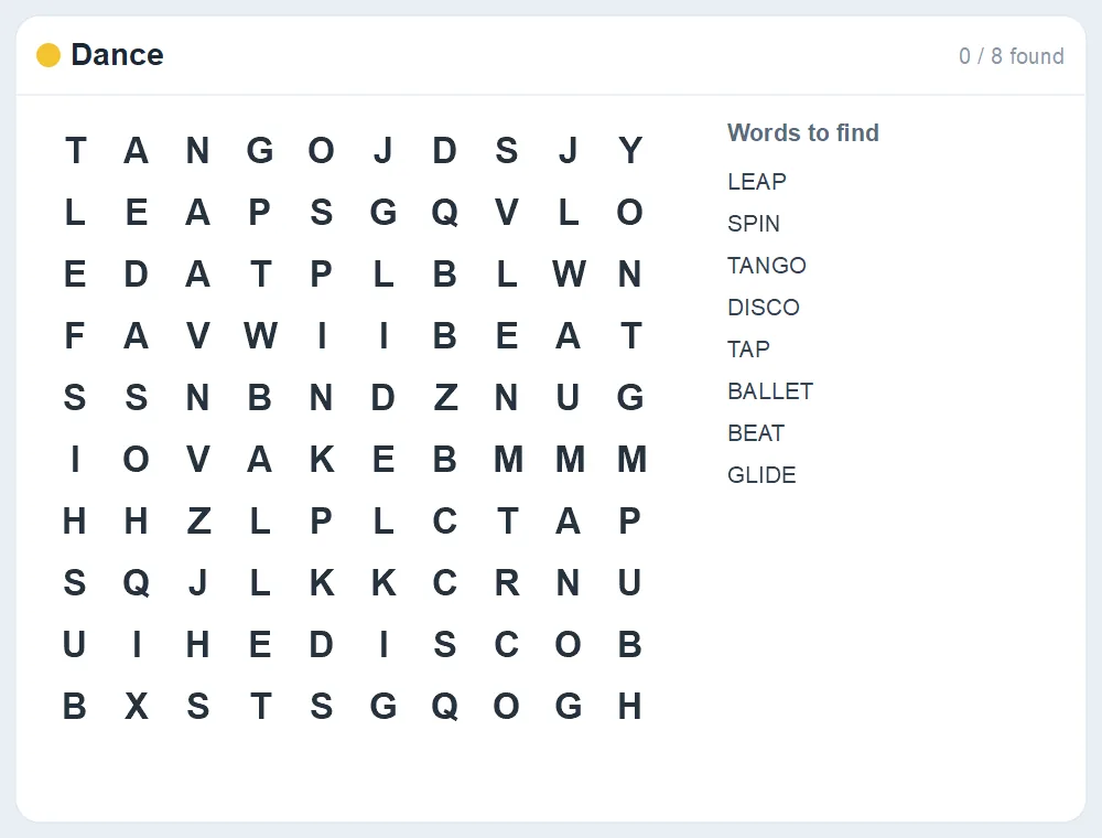Preview of the Dance word search puzzle