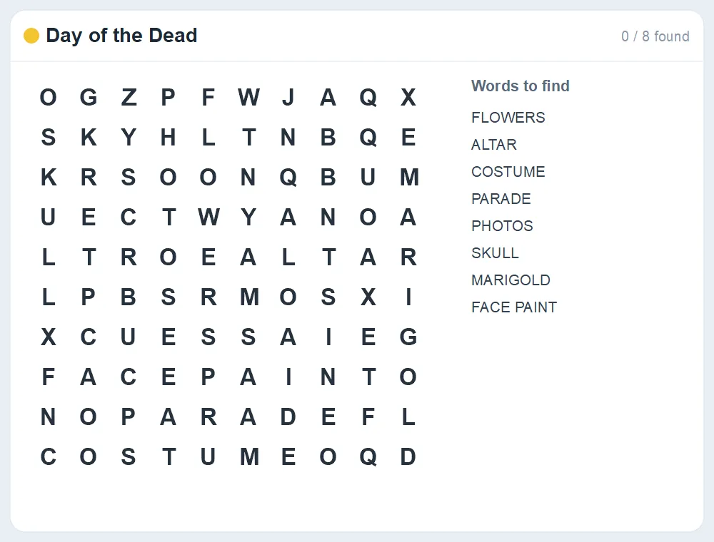 Preview of the Day of the Dead word search puzzle