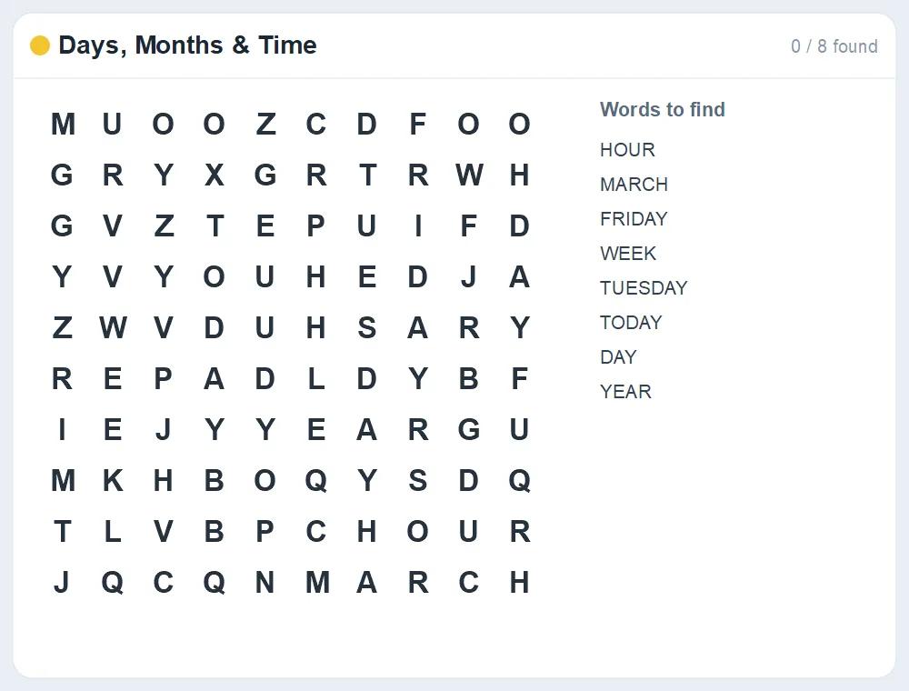 Preview of the Days, Months & Time word search puzzle