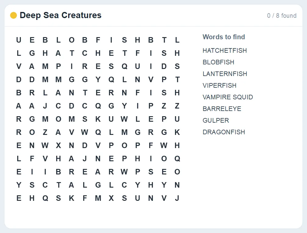 Preview of the Deep Sea Creatures word search puzzle
