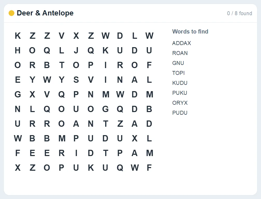 Preview of the Deer & Antelope word search puzzle