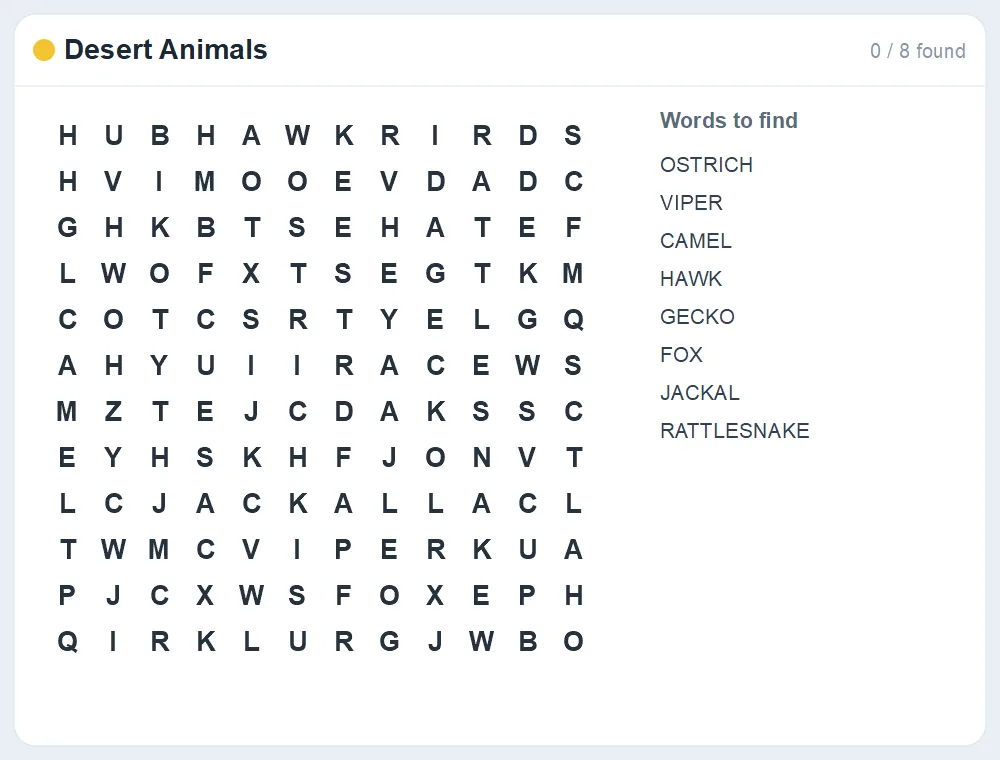 Preview of the Desert Animals word search puzzle