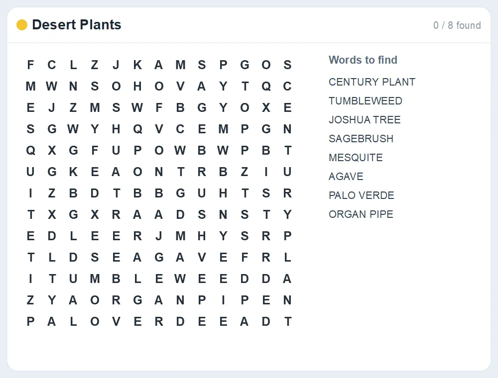 Preview of the Desert Plants word search puzzle