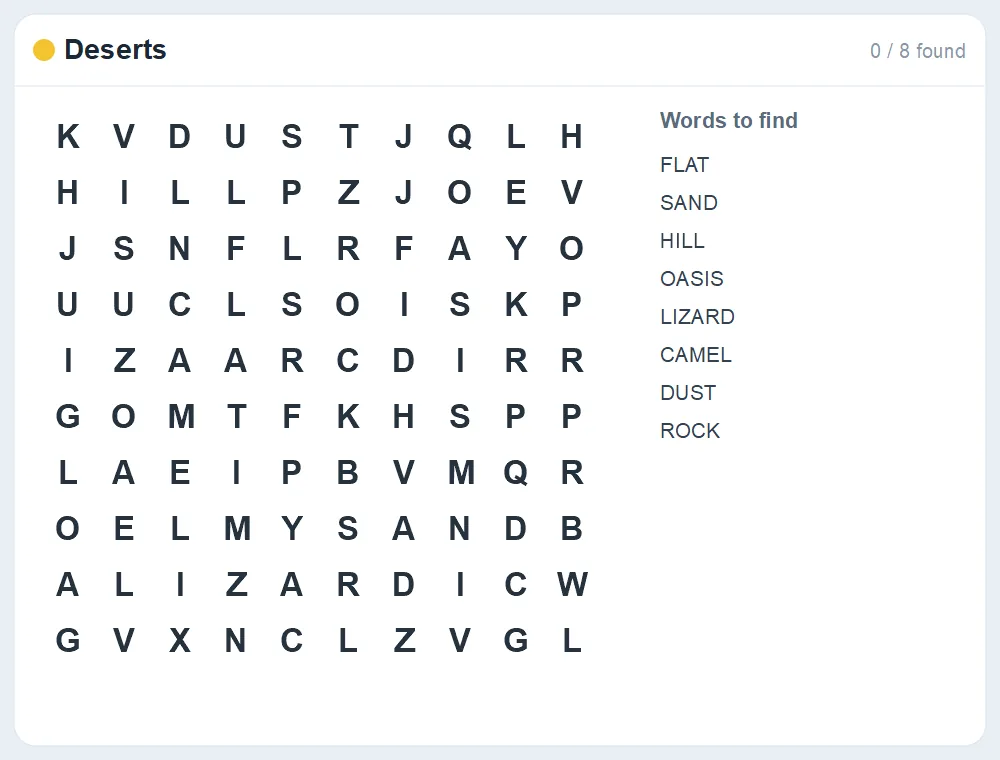 Preview of the Deserts word search puzzle