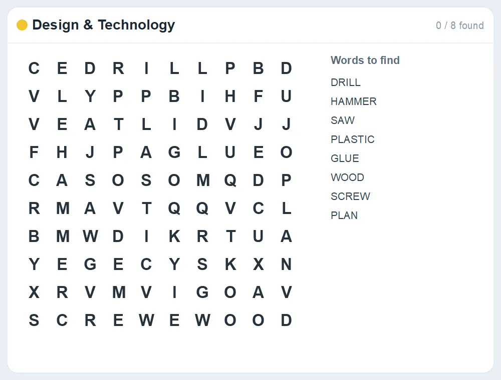 Preview of the Design & Technology word search puzzle