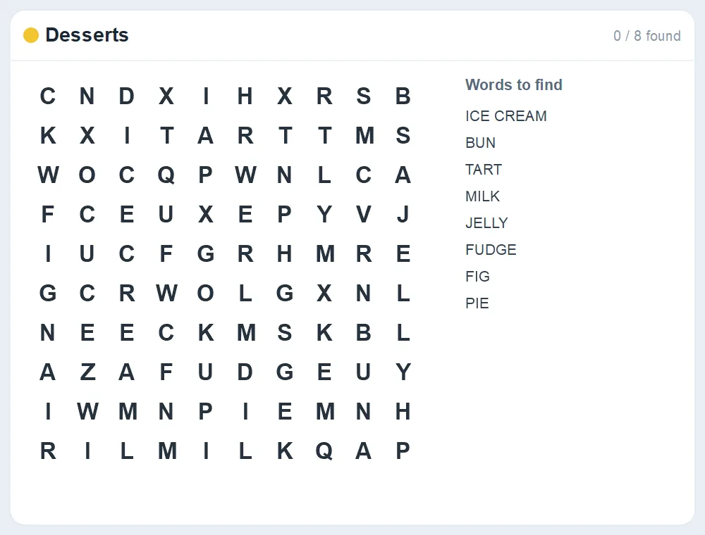 Preview of the Desserts word search puzzle