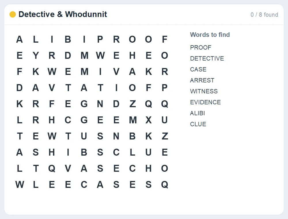Preview of the Detective & Whodunnit word search puzzle
