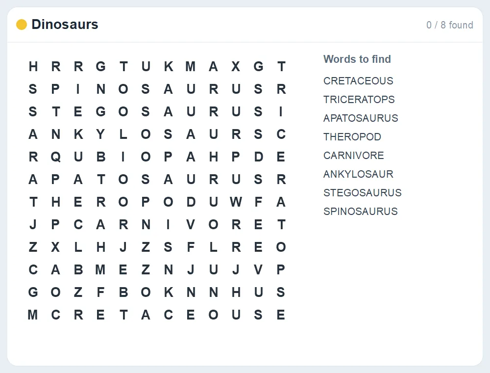 Preview of the Dinosaurs word search puzzle