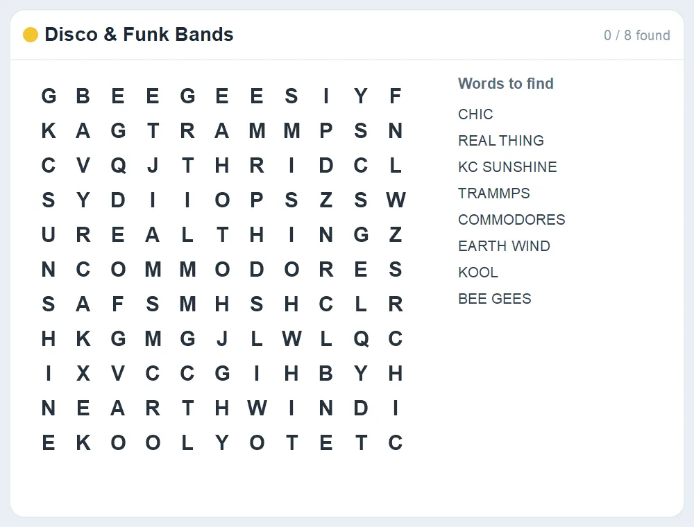 Preview of the Disco & Funk Bands word search puzzle