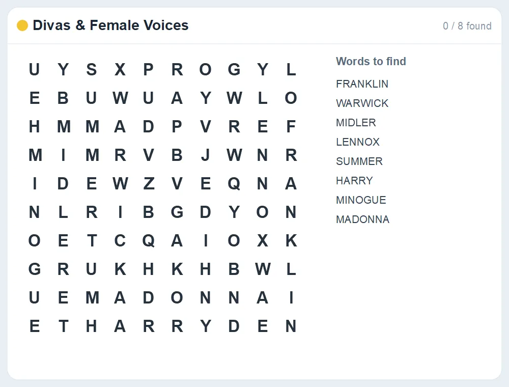 Preview of the Divas & Female Voices word search puzzle