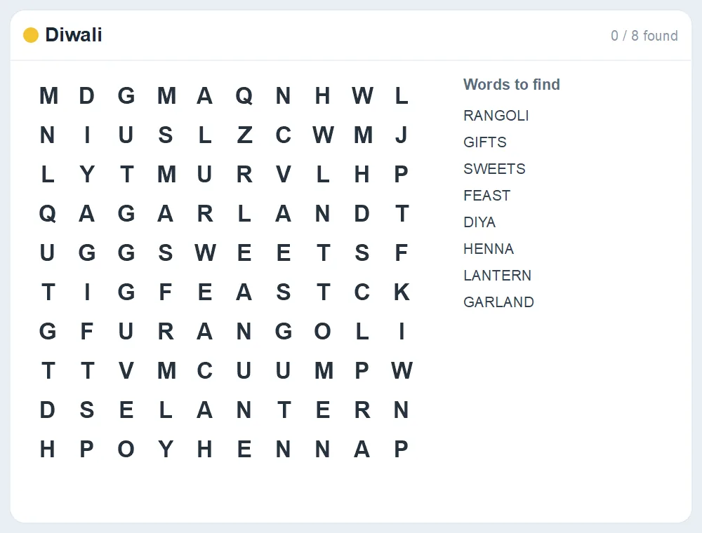 Preview of the Diwali word search puzzle