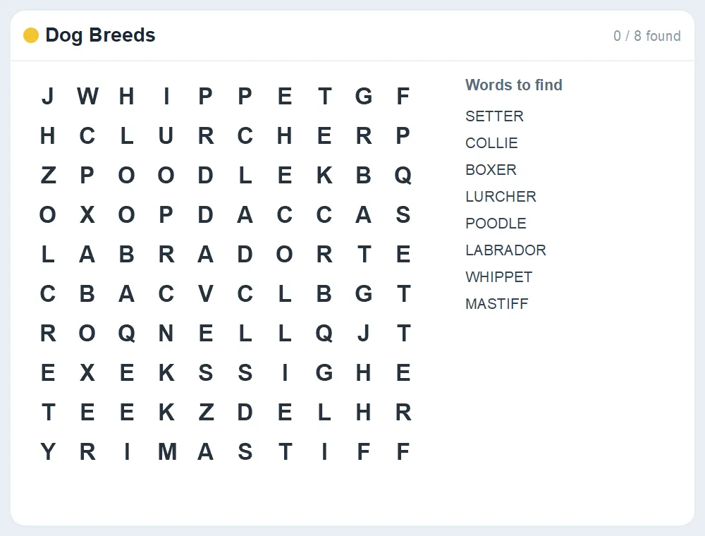 Preview of the Dog Breeds word search puzzle
