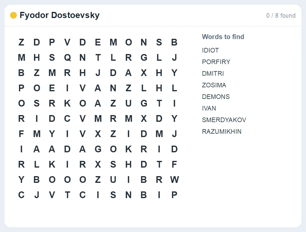 Preview of the Fyodor Dostoevsky word search puzzle