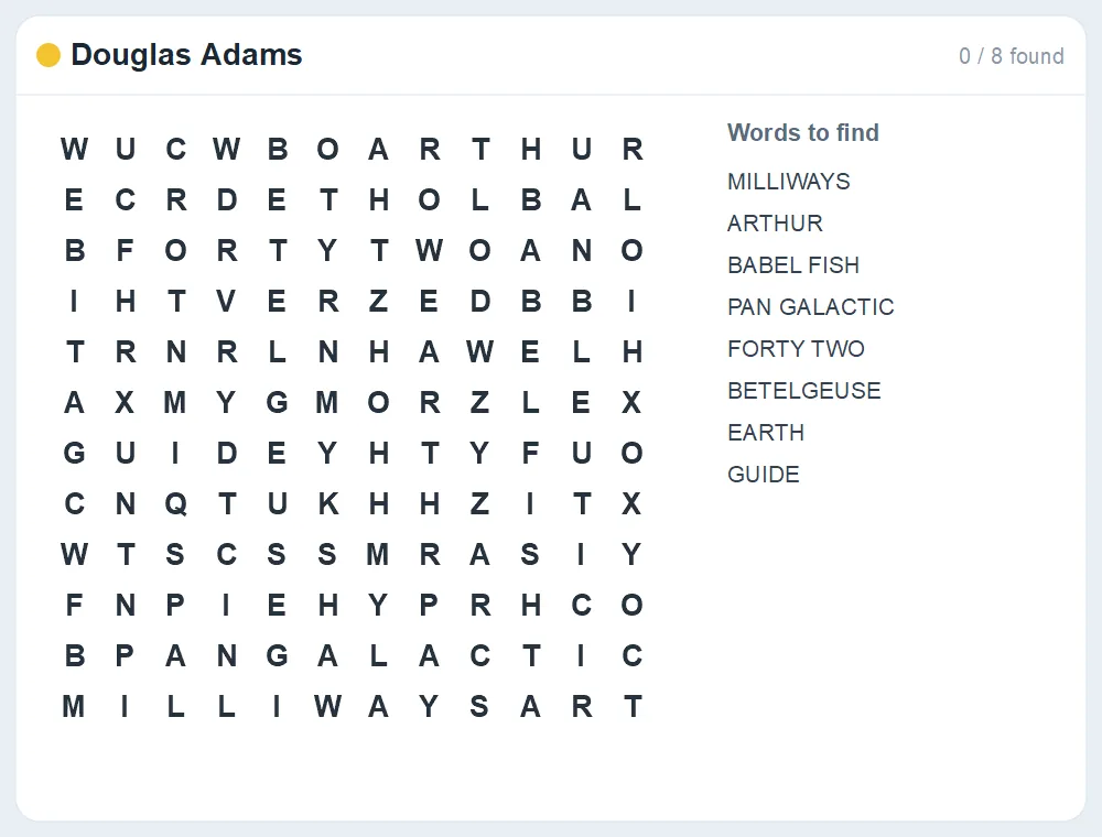 Preview of the Douglas Adams word search puzzle