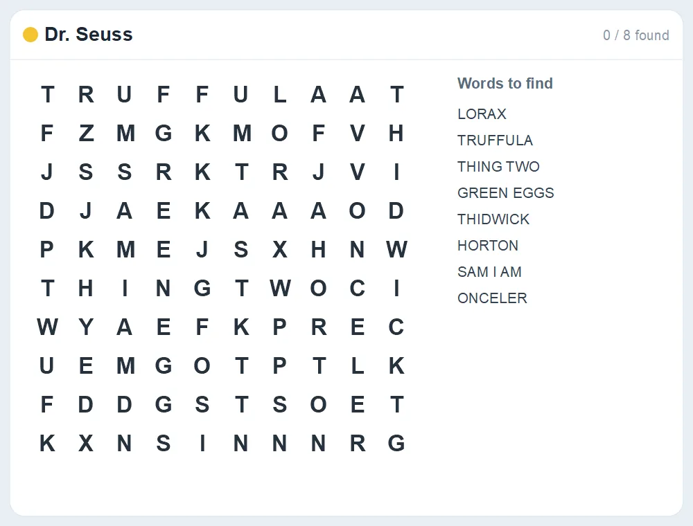 Preview of the Dr. Seuss word search puzzle