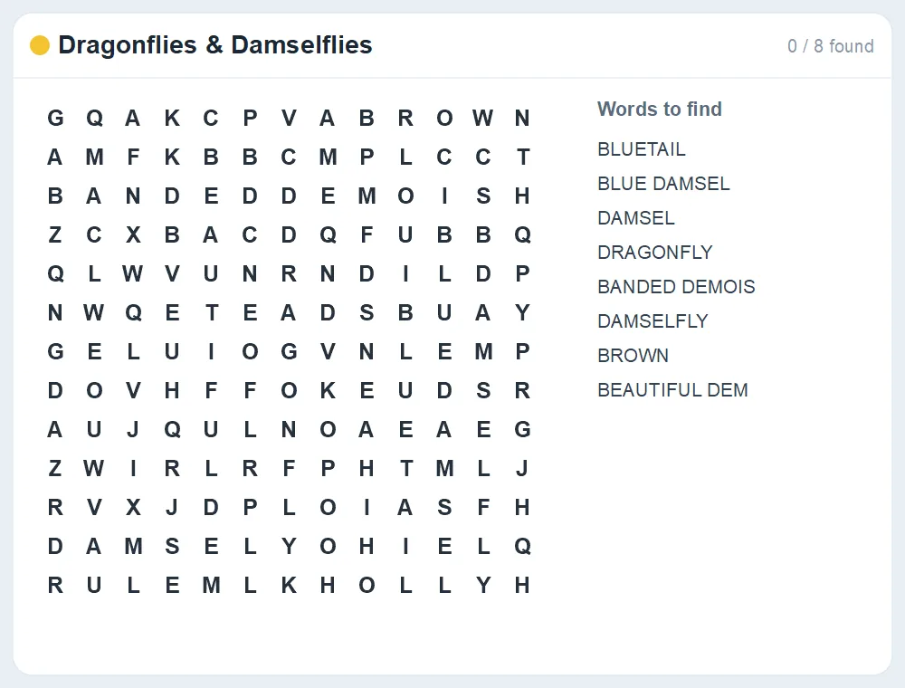 Preview of the Dragonflies & Damselflies word search puzzle