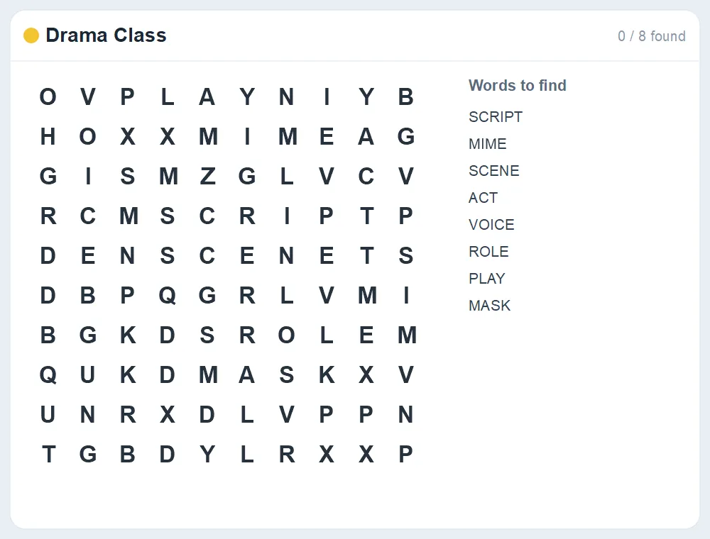Preview of the Drama Class word search puzzle