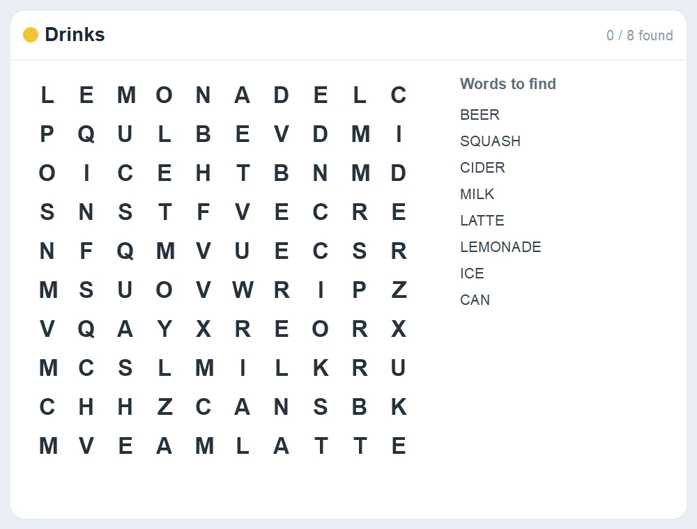 Preview of the Drinks word search puzzle