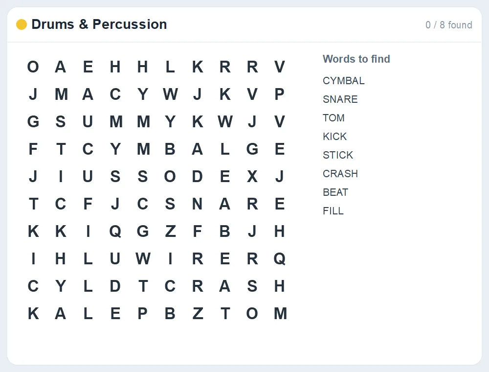 Preview of the Drums & Percussion word search puzzle