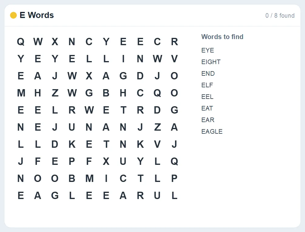 Preview of the E Words word search puzzle