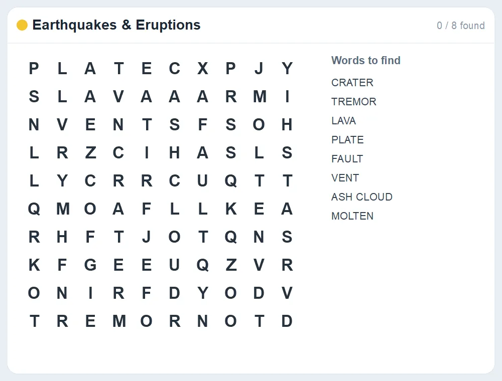 Preview of the Earthquakes & Eruptions word search puzzle