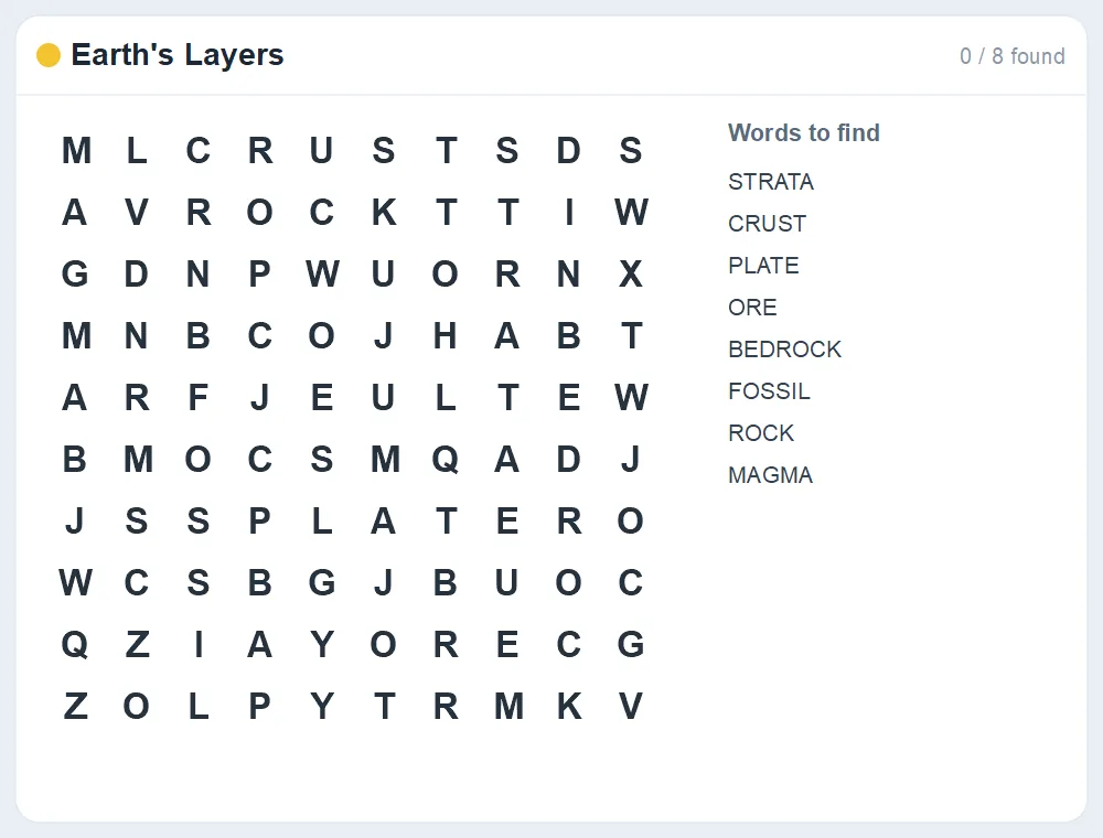 Preview of the Earth's Layers word search puzzle