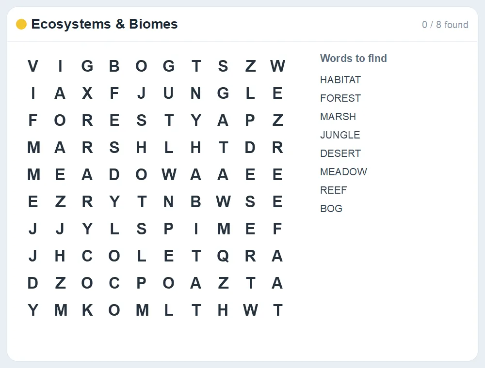 Preview of the Ecosystems & Biomes word search puzzle
