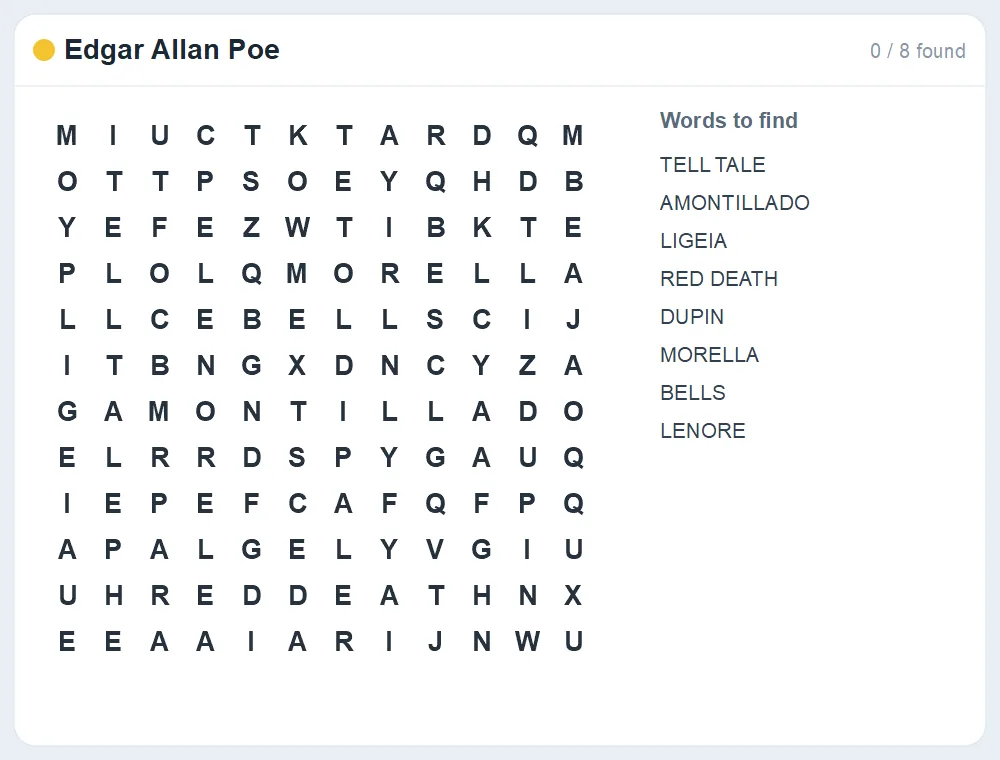 Preview of the Edgar Allan Poe word search puzzle