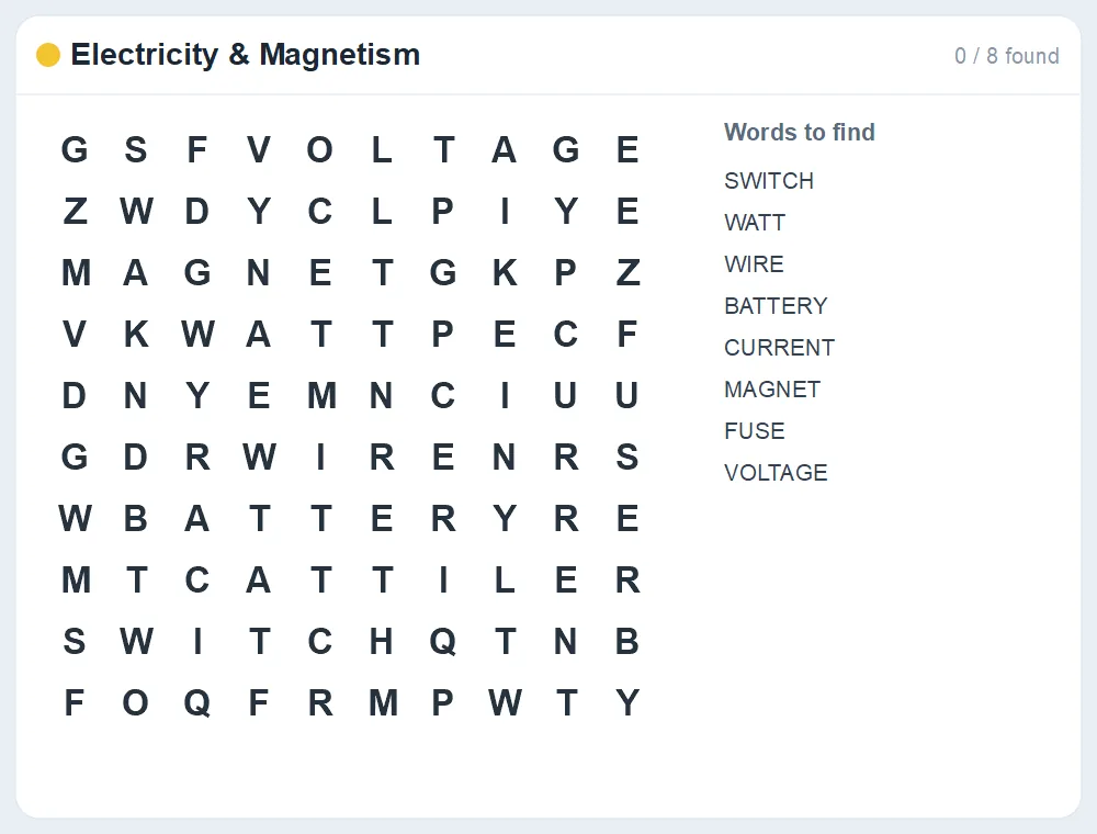 Preview of the Electricity & Magnetism word search puzzle