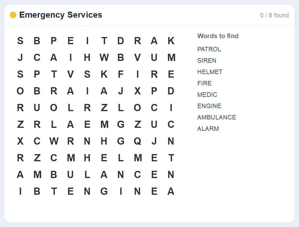 Preview of the Emergency Services word search puzzle