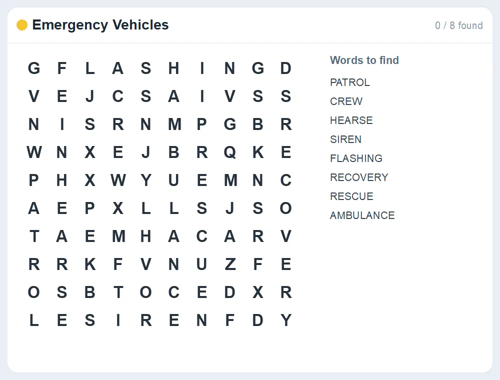 Preview of the Emergency Vehicles word search puzzle