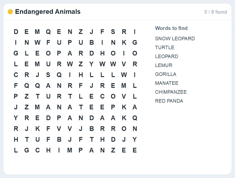 Preview of the Endangered Animals word search puzzle