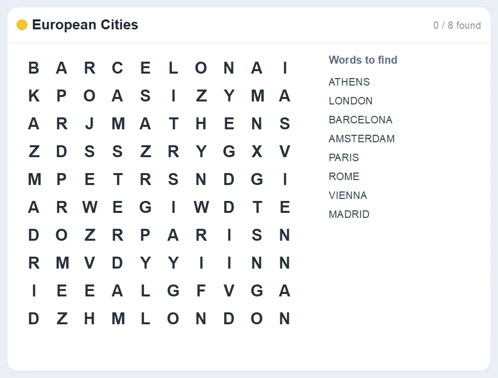 Preview of the European Cities word search puzzle
