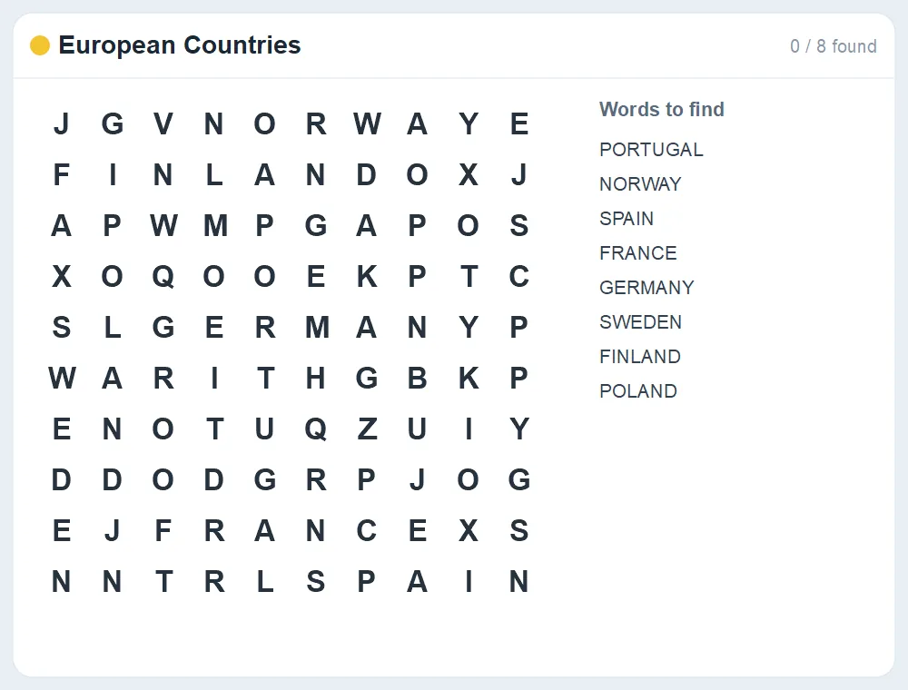Preview of the European Countries word search puzzle