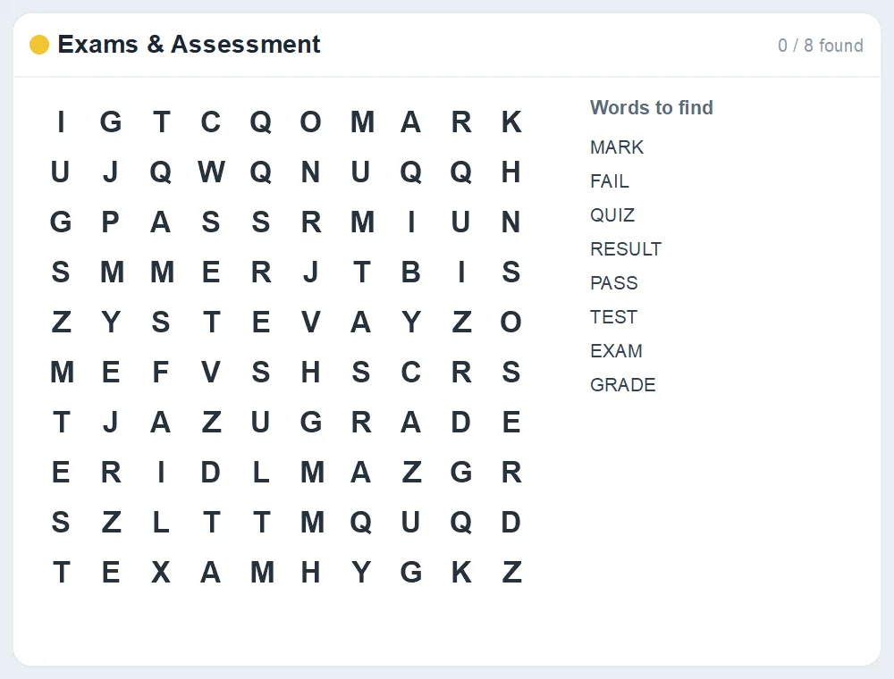 Preview of the Exams & Assessment word search puzzle