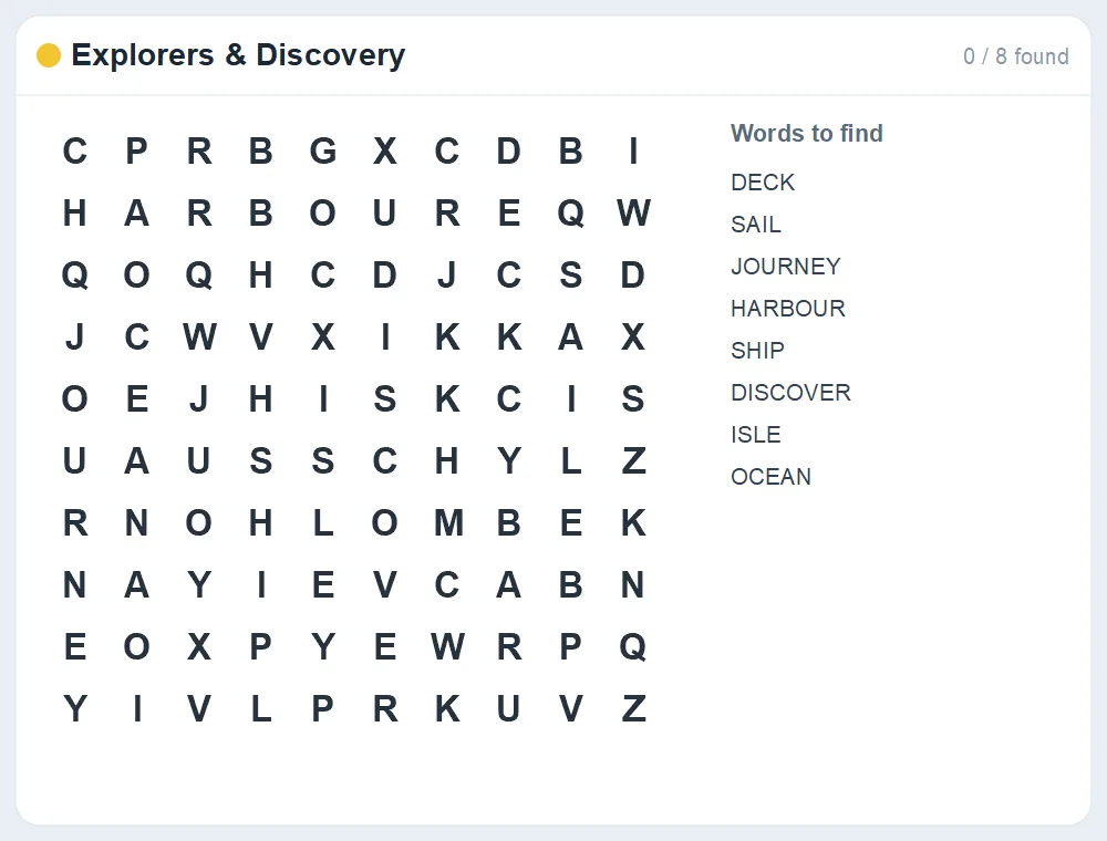 Preview of the Explorers & Discovery word search puzzle