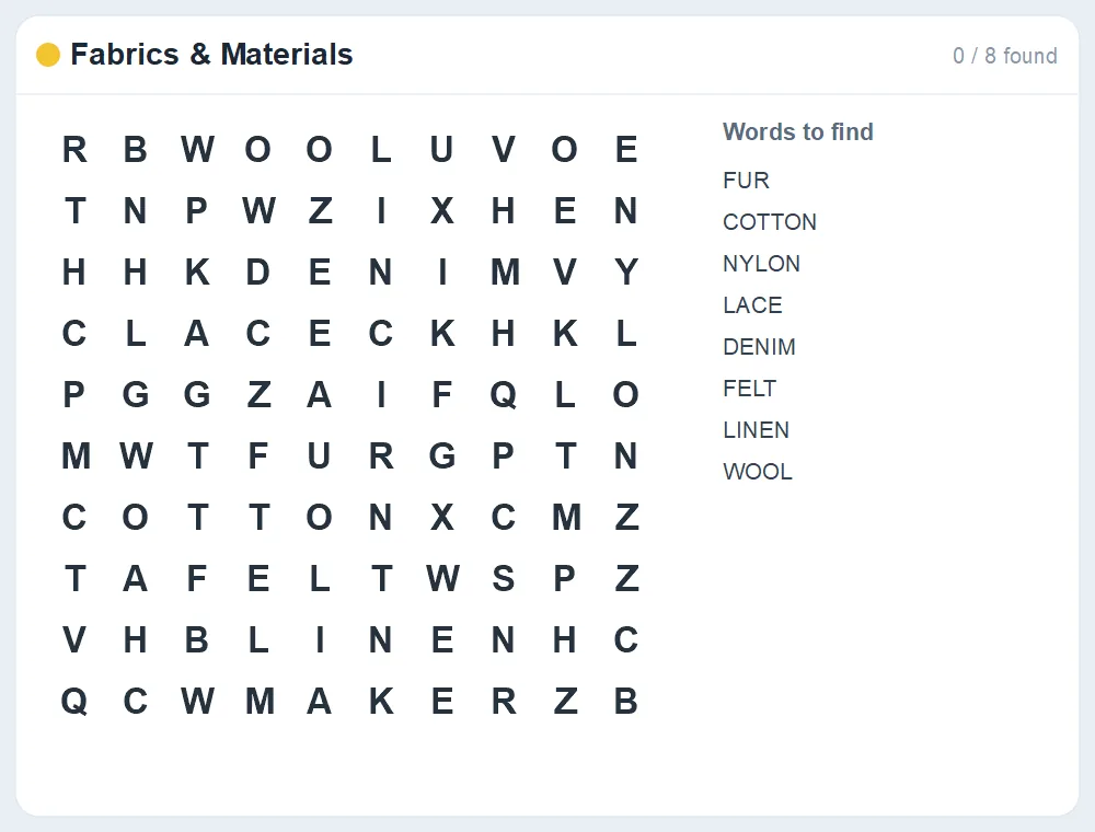 Preview of the Fabrics & Materials word search puzzle