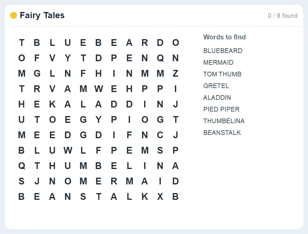 Preview of the Fairy Tales word search puzzle