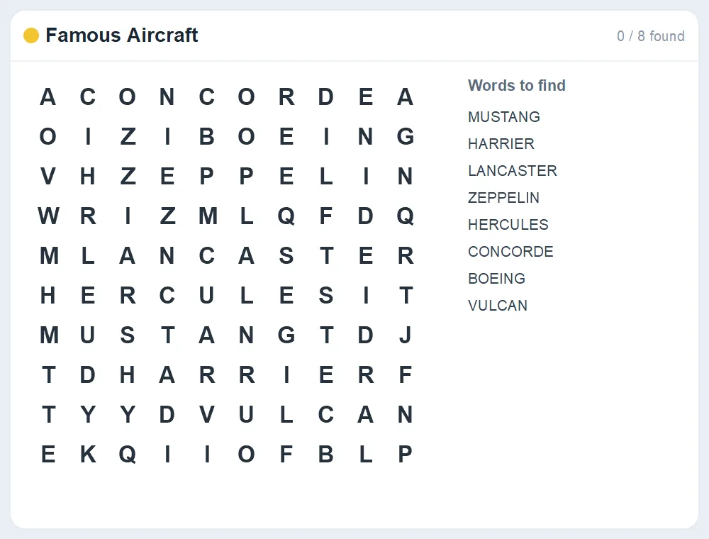 Preview of the Famous Aircraft word search puzzle
