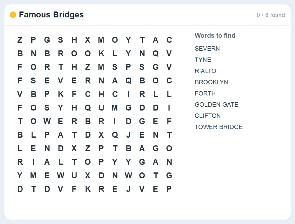 Preview of the Famous Bridges word search puzzle