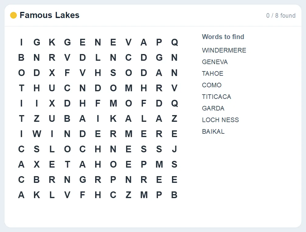 Preview of the Famous Lakes word search puzzle