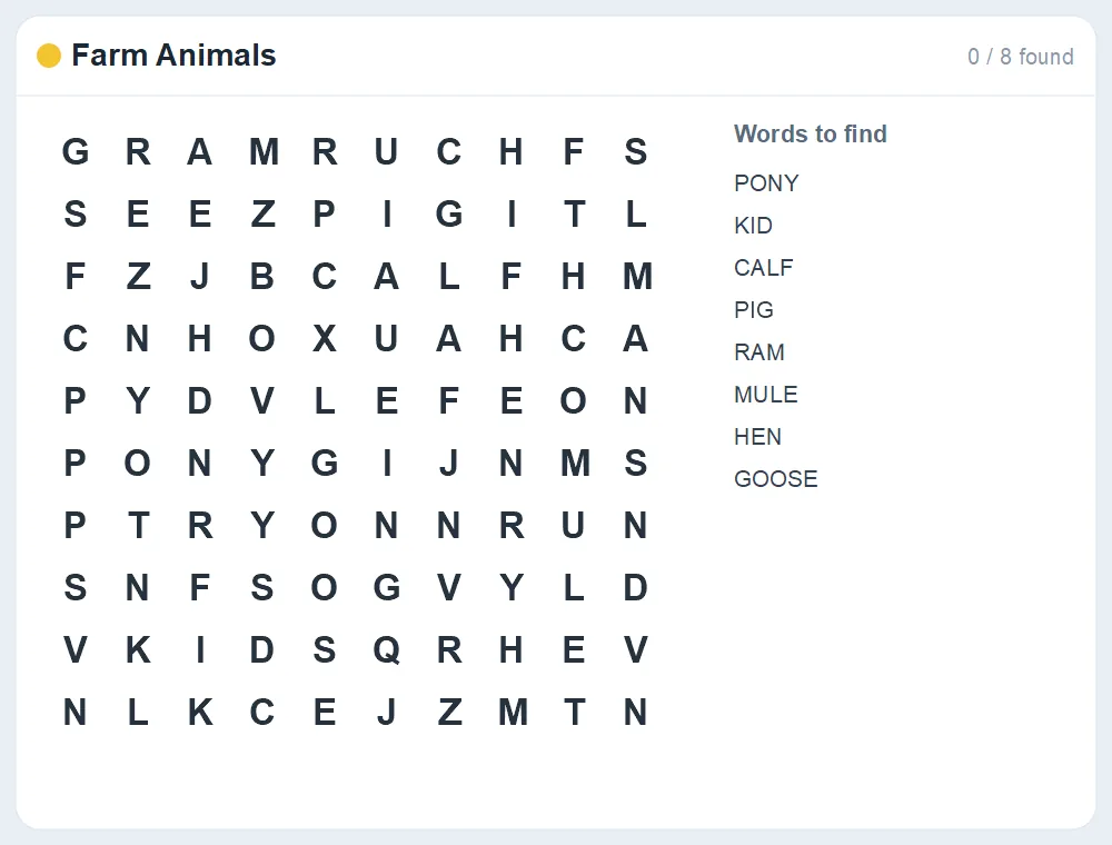 Preview of the Farm Animals word search puzzle