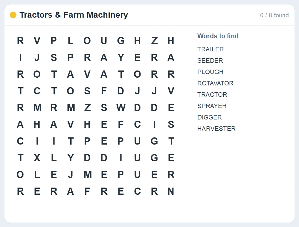 Preview of the Tractors & Farm Machinery word search puzzle