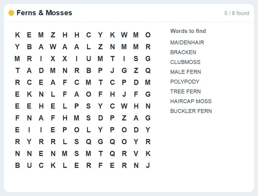 Preview of the Ferns & Mosses word search puzzle
