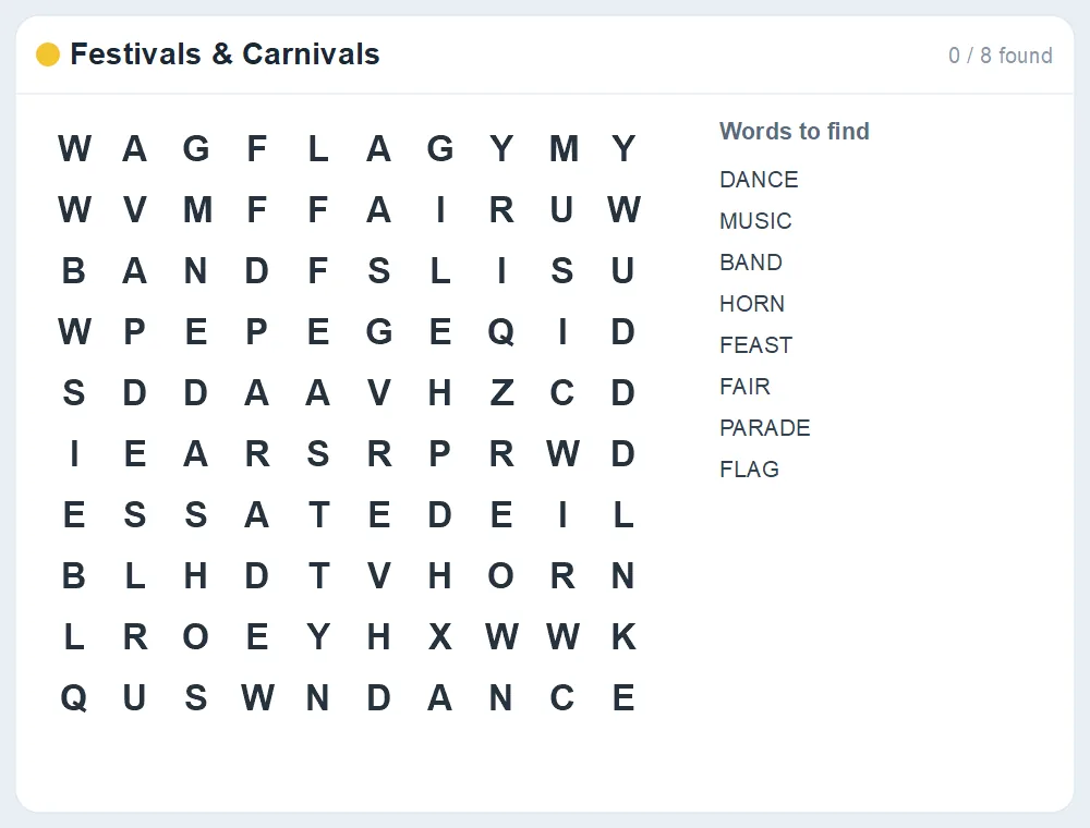 Preview of the Festivals & Carnivals word search puzzle