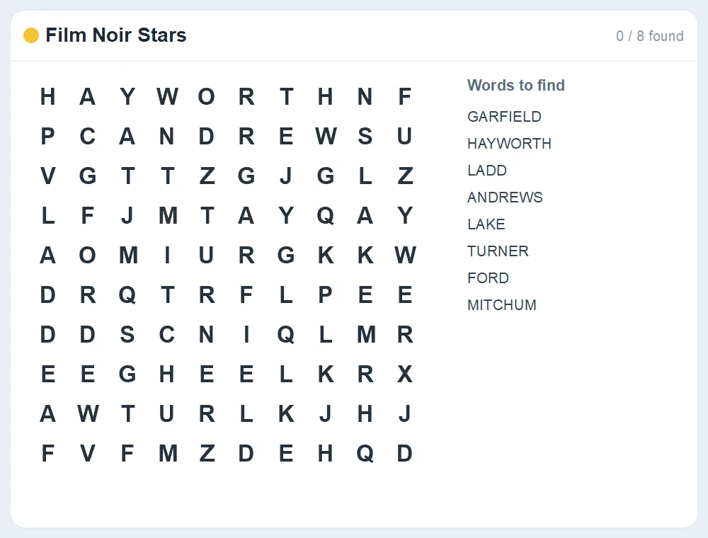 Preview of the Film Noir Stars word search puzzle
