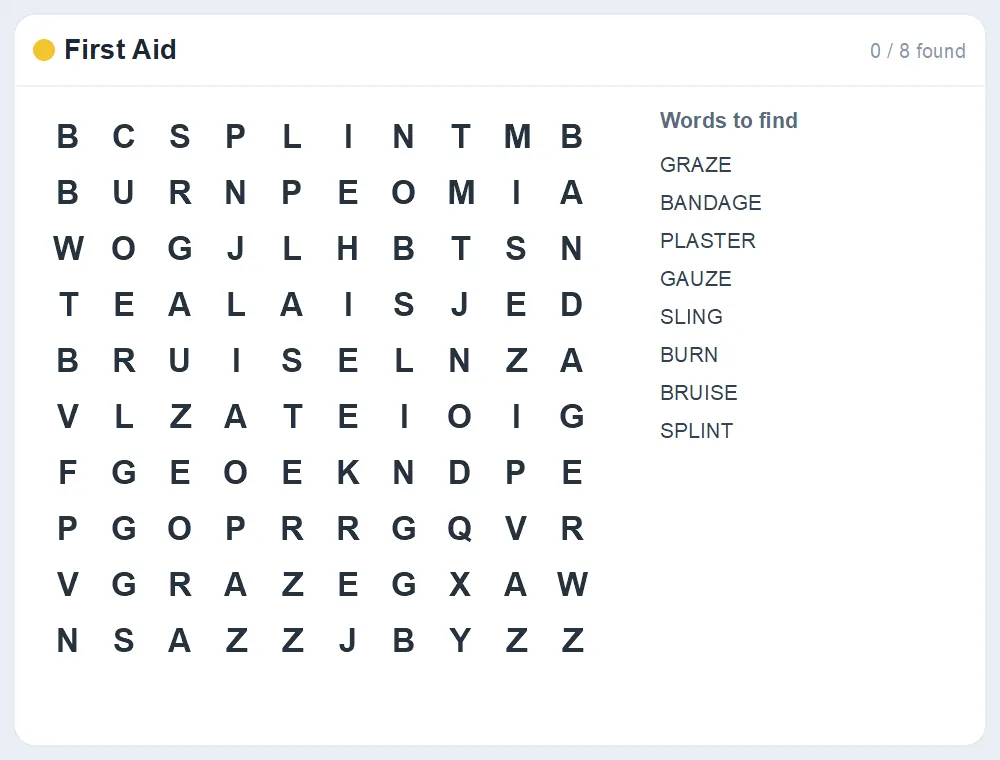 Preview of the First Aid word search puzzle