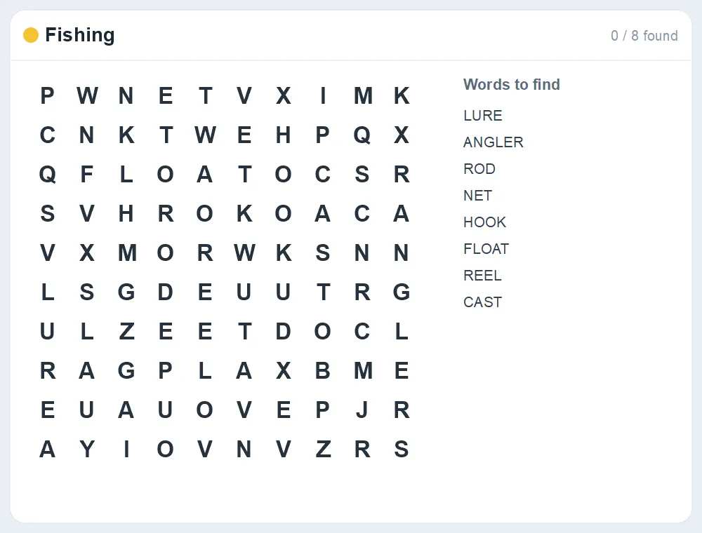 Preview of the Fishing word search puzzle